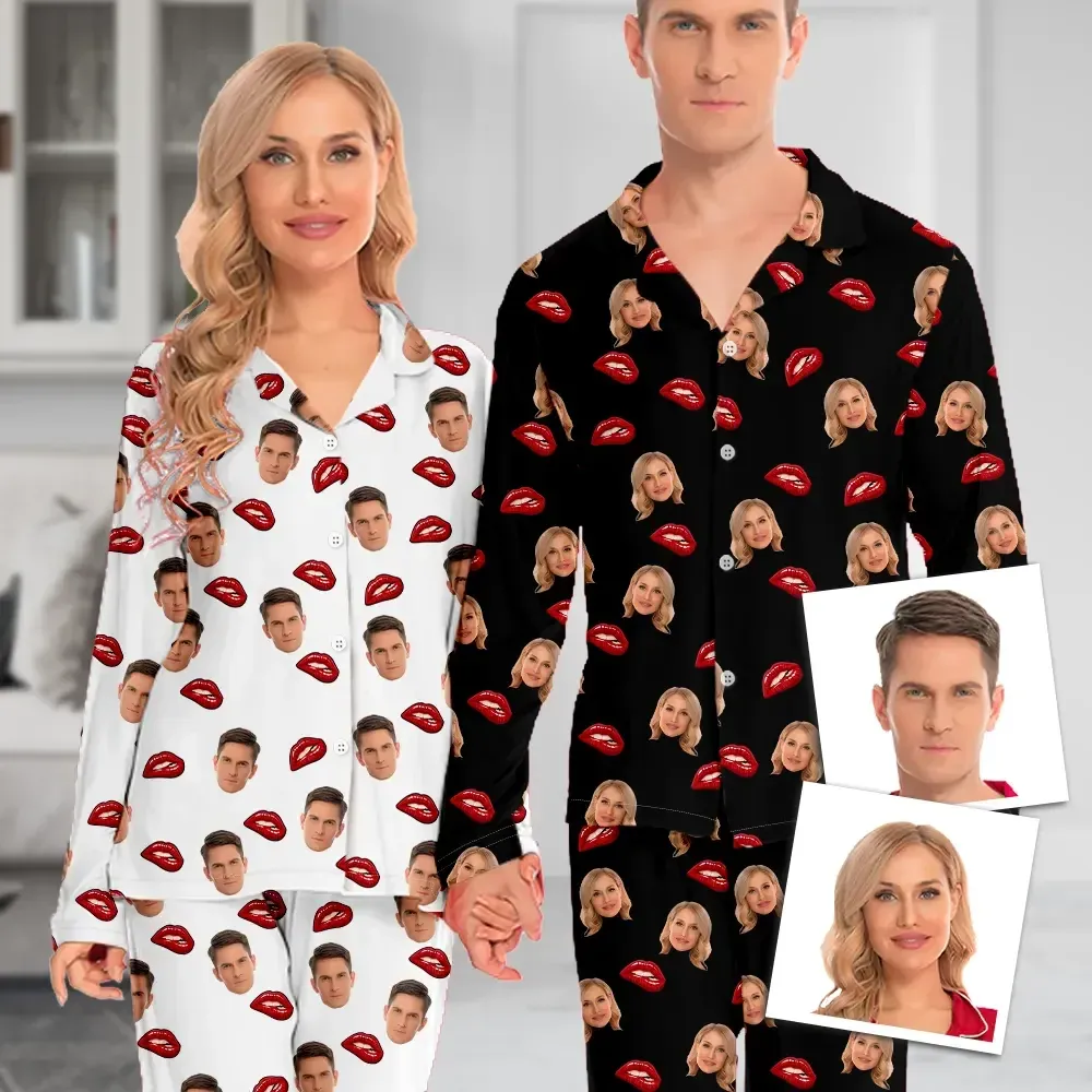 Custom Face Long Sleeve Pajamas Custom Red Lips Photo Pajamas