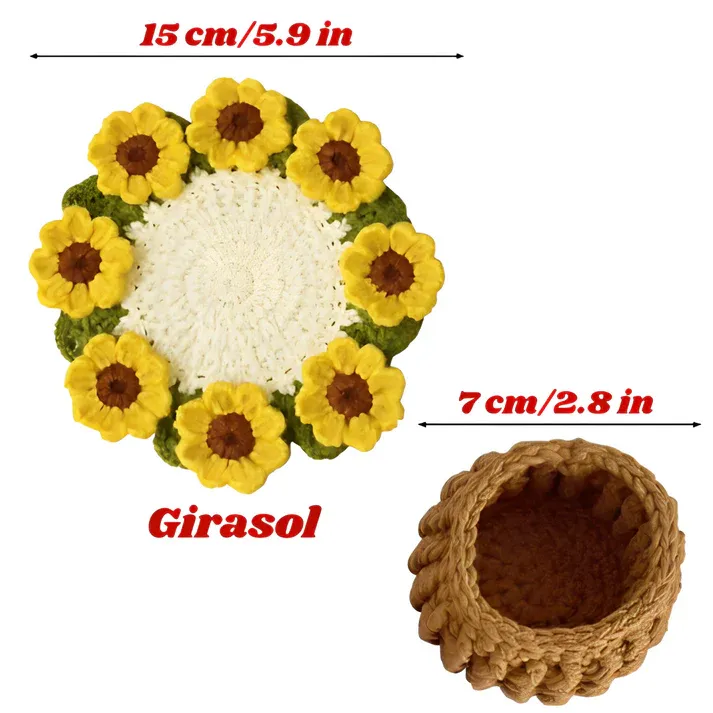 Handmade Crochet Sunflower Coaster Set 2-in-1 Crochet Sunflower Coaster and Bouquet Decorative Gift Practical and Fun Sunflower Coaster Set Multi-Use Home Accessory