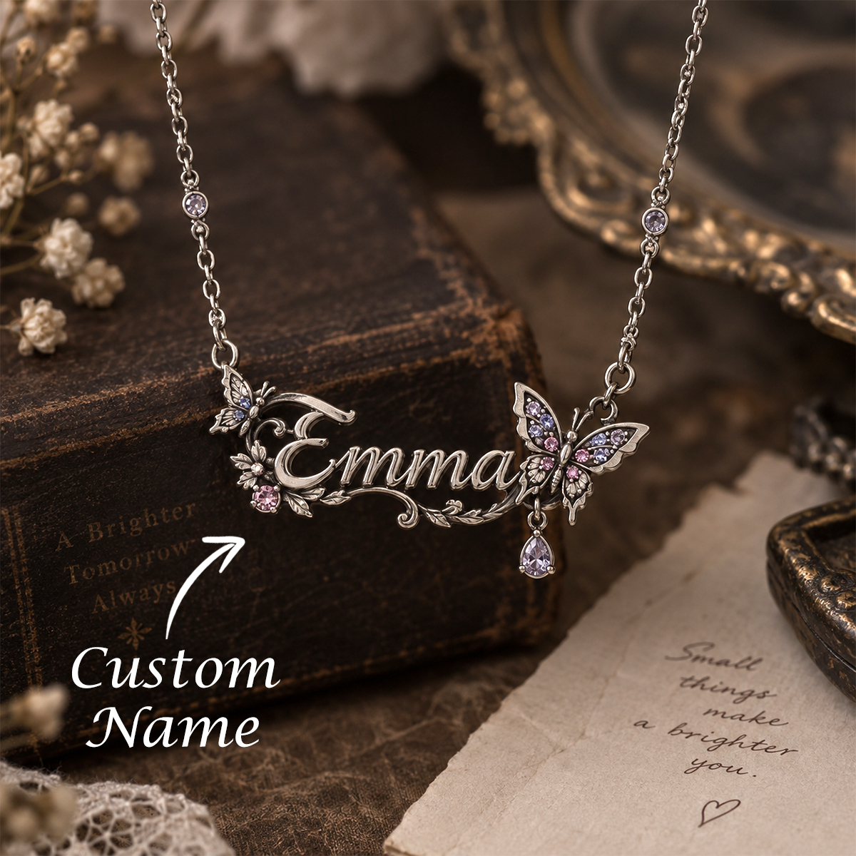 Vintage Butterfly Name Necklace – 925 Sterling Silver Personalized Necklace with Antique-Finish Butterfly Design - namenecklace