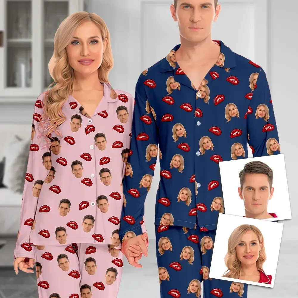 Custom Face Long Sleeve Pajamas Custom Red Lips Photo Pajamas