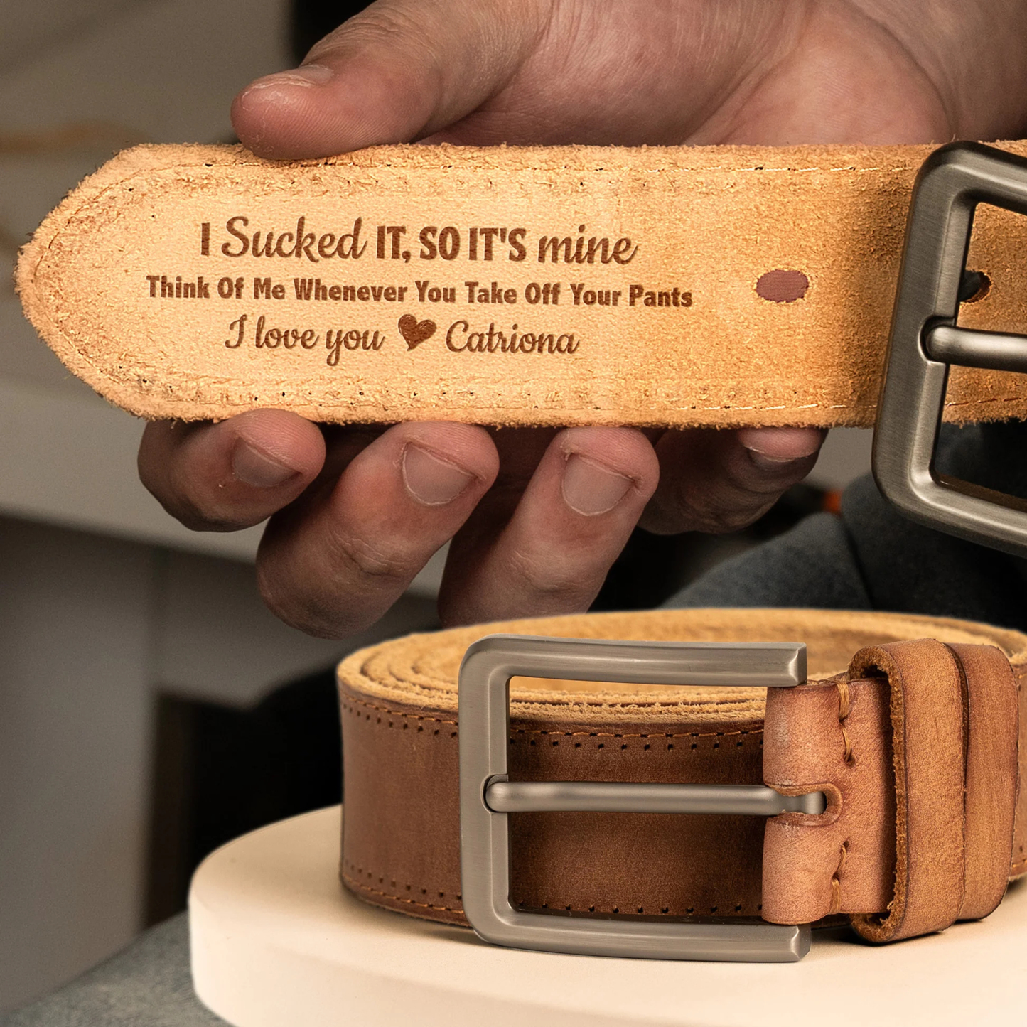 I Sucked It I Licked It So It's Mine Personalized Cowhide Belt Naughty Custom Engraved Cowhide Belt for Men Valentine's Day Gifts