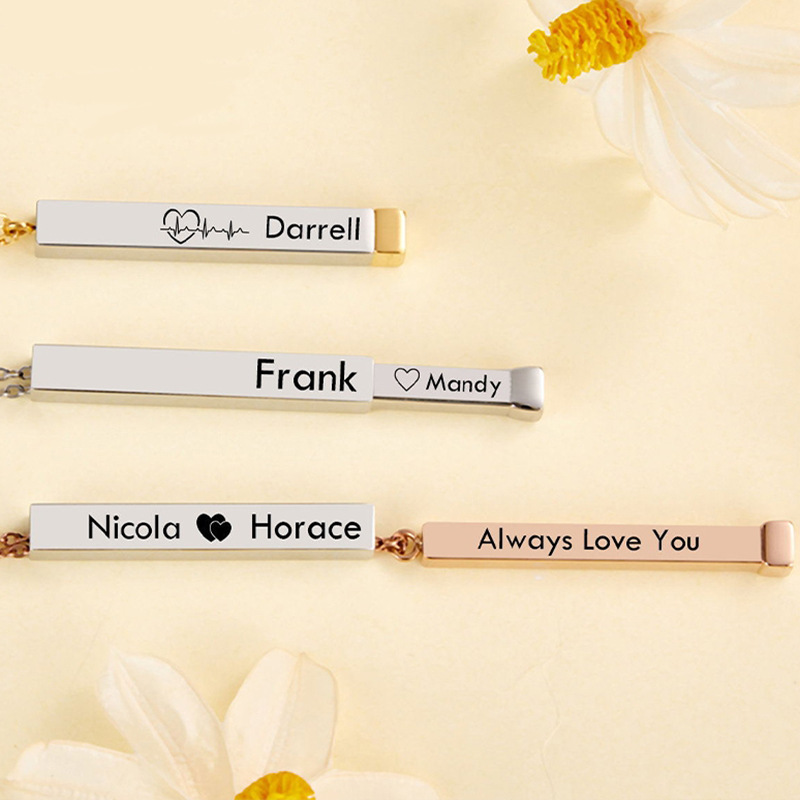 Custom Nested Rectangle Engraved Necklace – Personalized Inside & Outside Text Dual Engraving Custom Couple Gift