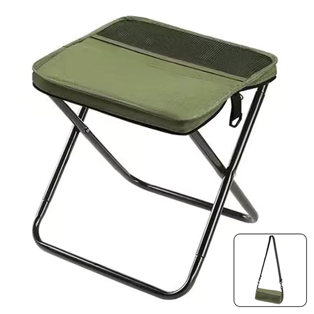 Portable Folding Camping Stool with Integrated Storage Bag & Pockets Lightweight Carbon Steel Outdoor Chair Compact Collapsible Seat 