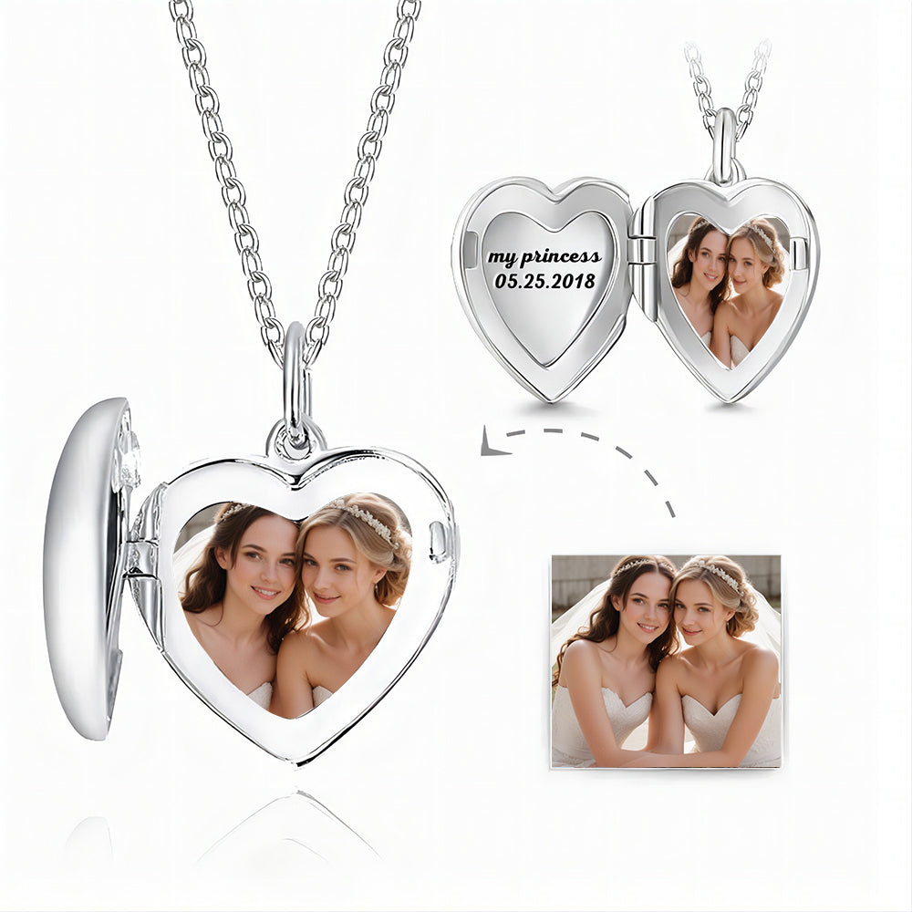 Engraved Heart Photo Locket Necklace Silver Tailored LGBT Lesbian Wedding Gift