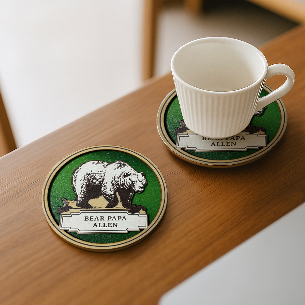 Personalized Bear Family Wooden Coaster & Ornament �C Custom Name Rustic Gift