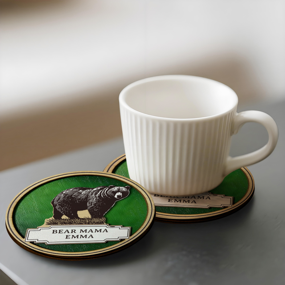 Personalized Bear Family Wooden Coaster & Ornament Custom Name Rustic 
