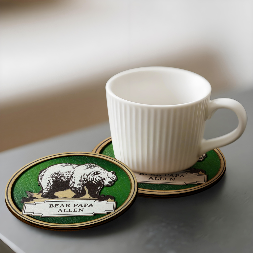 Personalized Bear Family Wooden Coaster & Ornament �C Custom Name Rustic Gift