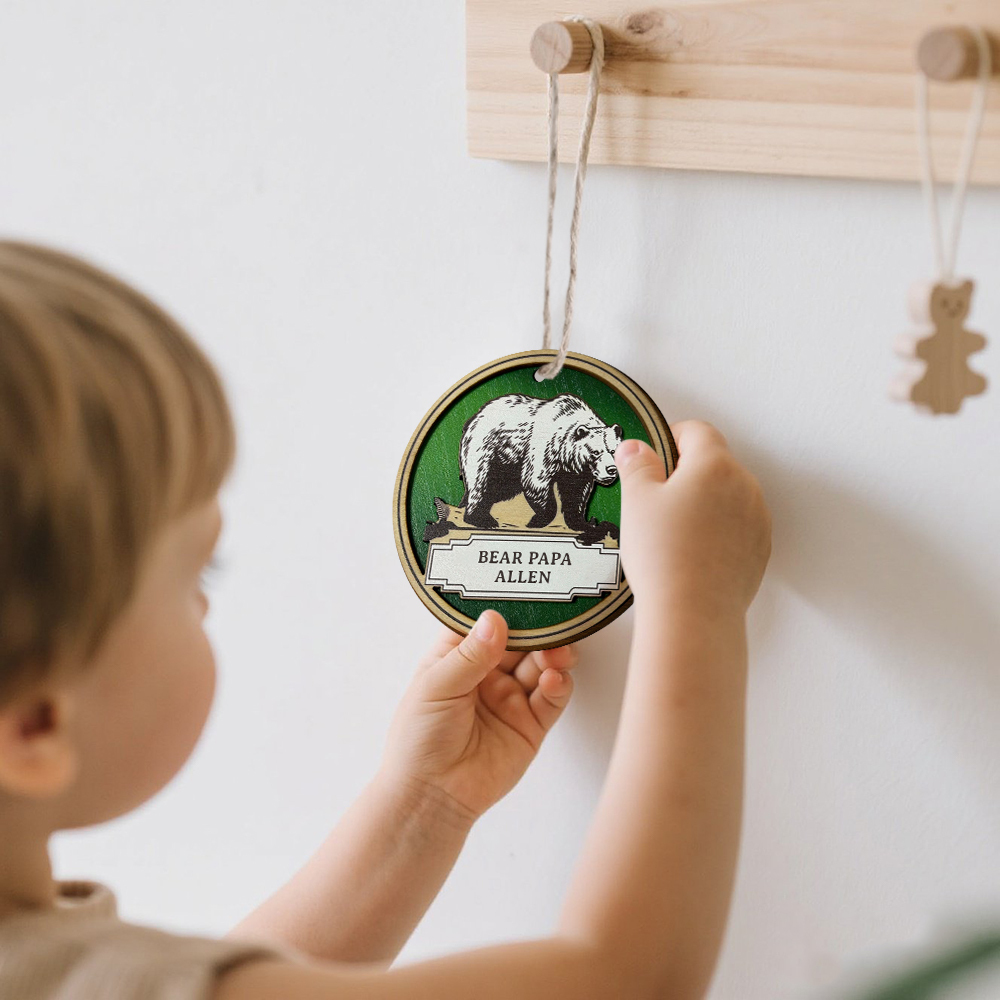 Personalized Bear Family Wooden Coaster & Ornament �C Custom Name Rustic Gift