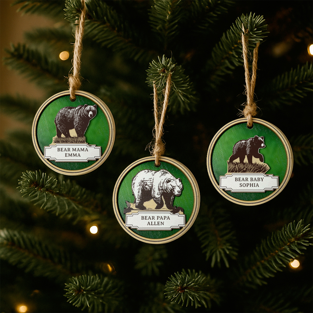 Personalized Bear Family Wooden Coaster & Ornament �C Custom Name Rustic Gift