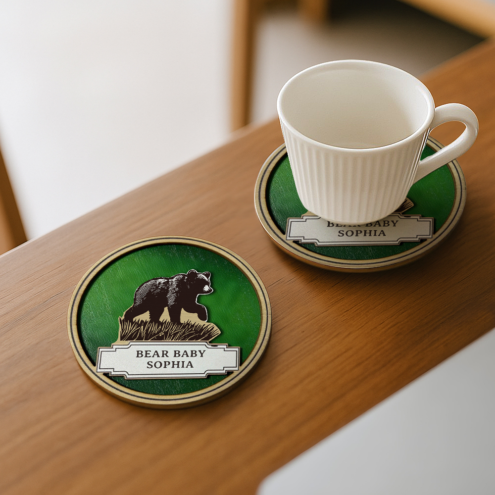 Personalized Bear Family Wooden Coaster & Ornament �C Custom Name Rustic Gift