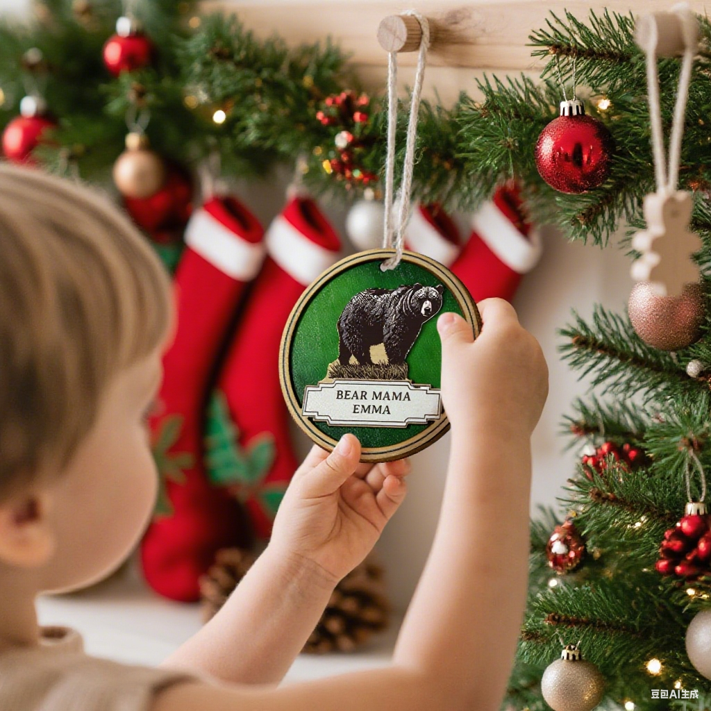 Personalized Bear Family Wooden Coaster & Ornament �C Custom Name Rustic Gift