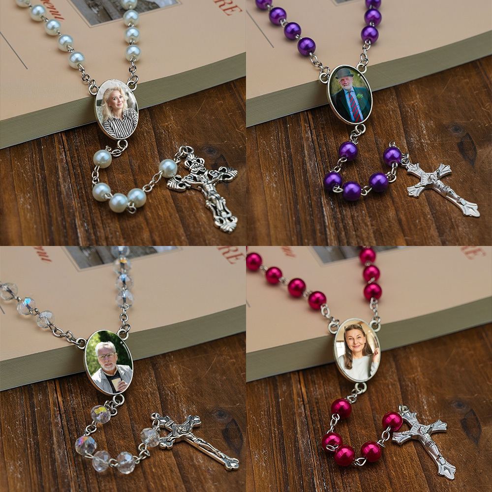 Memorial Gift Custom Rosary Beads Cross Multi-Color Necklace Sentimental Memorial Gift Baptism Gift, First Communion Gift, Confirmation, Baby or Little Girl Keepsake Prayer Personalized Necklace with Photo