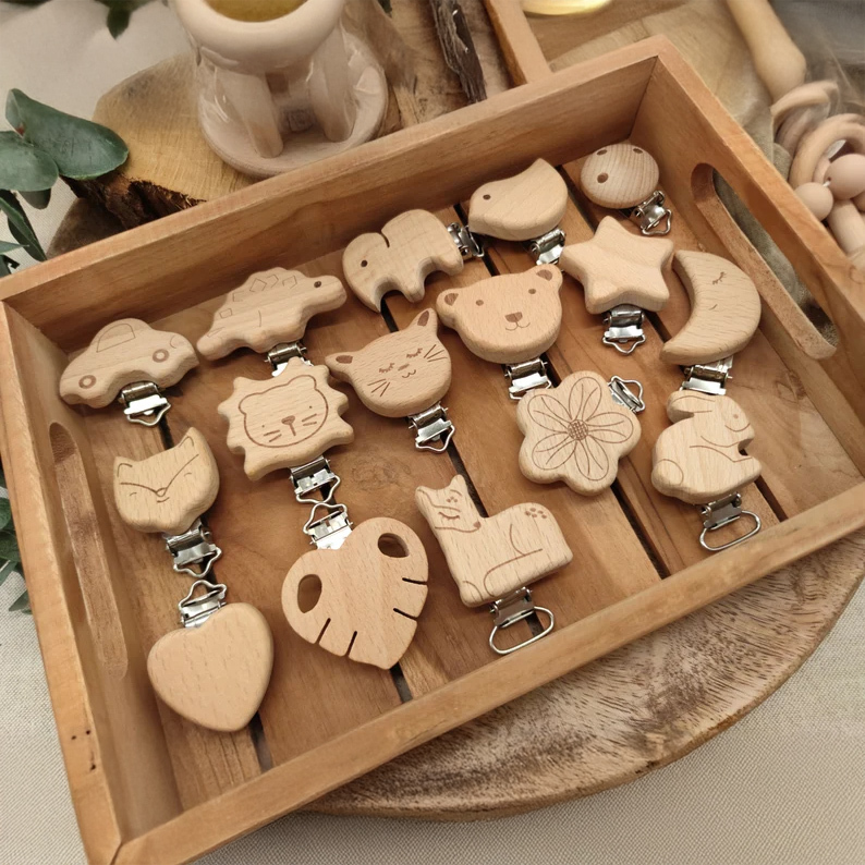 Personalized Baby Pacifier Clip Custom Name Dummy Chain Eco-Friendly Wood & Silicone Name Clip