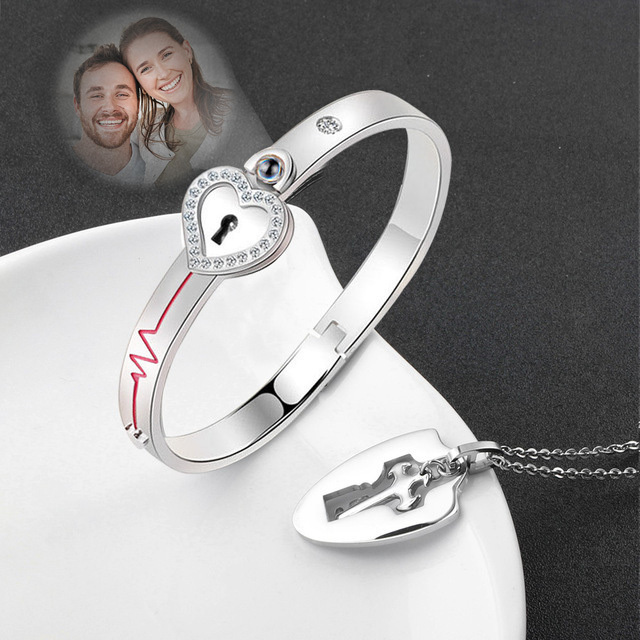 Unlock Your Love Personalized Projection Love Lock Couple Bracelet & Key Necklace Set Custom Photo or 'I Love You' in 100 Languages Matching Bracelet & Key Necklace