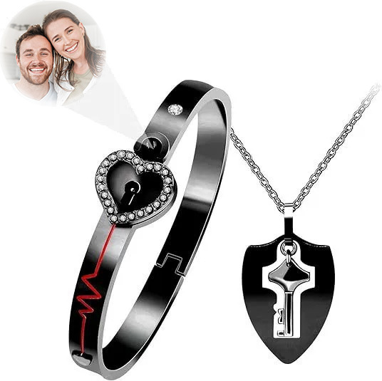 Unlock Your Love Personalized Projection Love Lock Couple Bracelet & Key Necklace Set Custom Photo or 'I Love You' in 100 Languages Matching Bracelet & Key Necklace