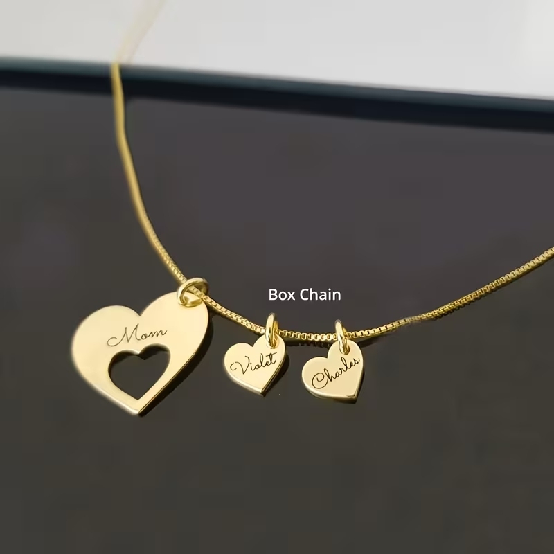 Personalized Family Heart Necklace – Large Pendant with Optional Kids’ Name Mini Heart Charms for Moms