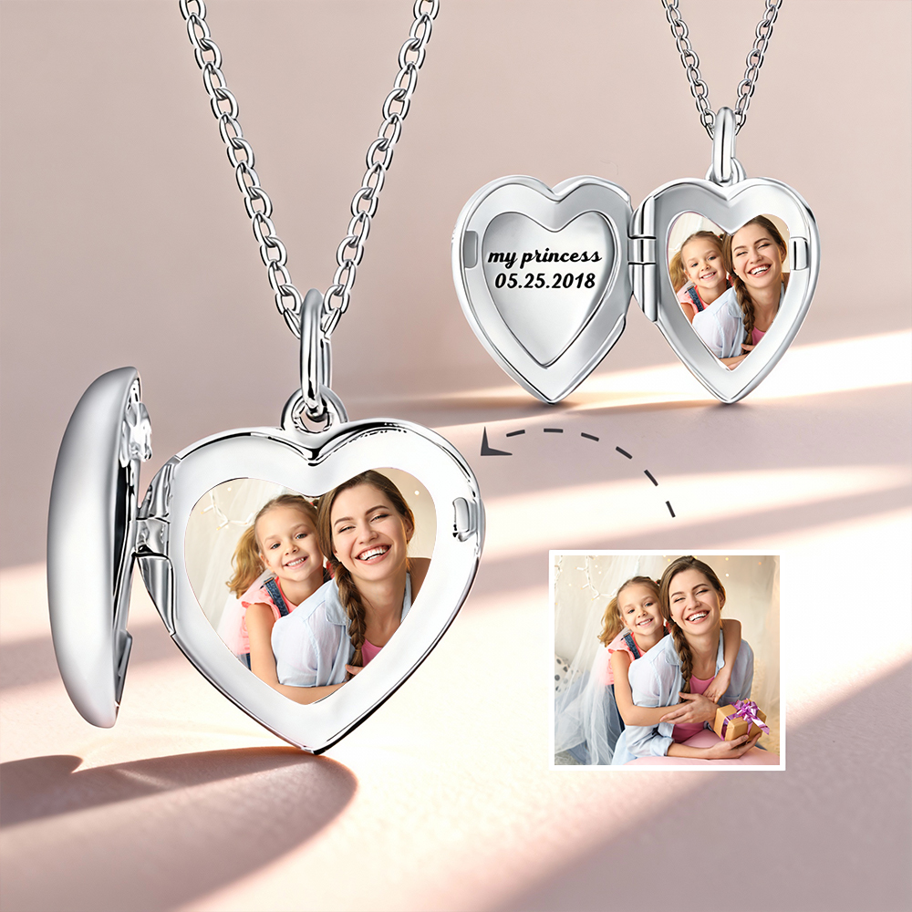 Photo Locket Necklace Mother's Day Gifts Personalised Engraved Heart Necklace