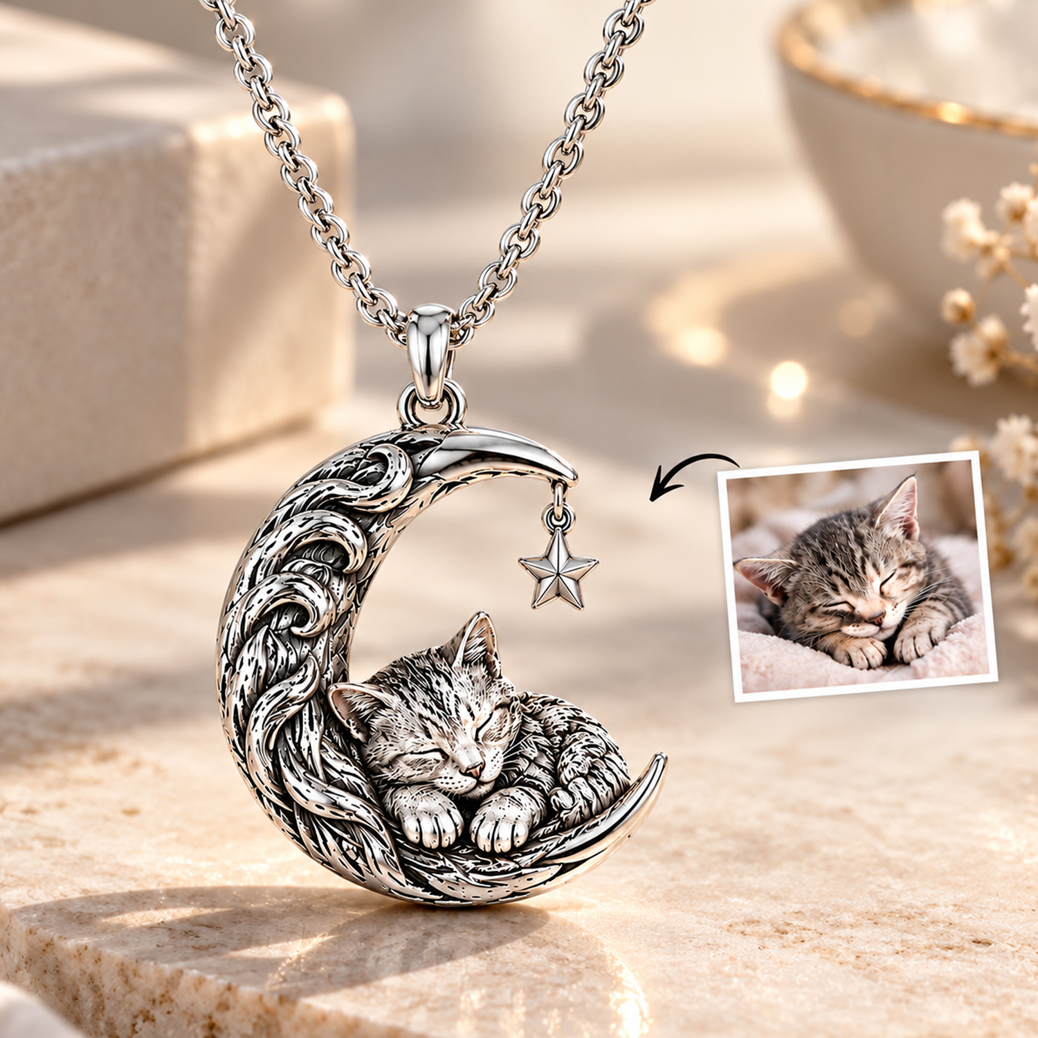 Personalized 925 Sterling Silver Custom 3D Sleeping Pet Photo Crescent Moon Necklace Sculpted Cat Dog Pendant Jewelry Gift For Pet Lovers