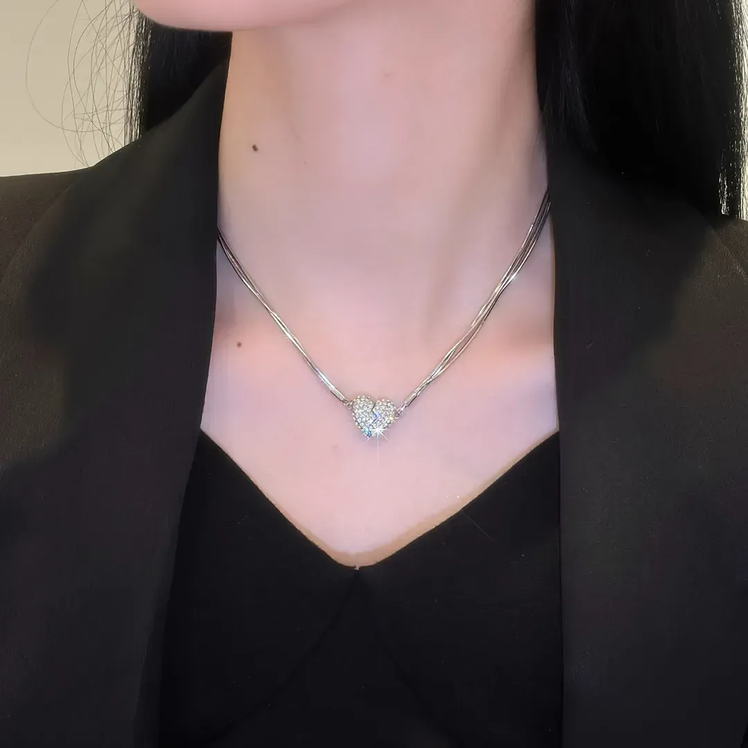 Silver Heart Puzzle Necklace with  Sparkling Interlocking Heart Pendant Symbolizing Love & Connection