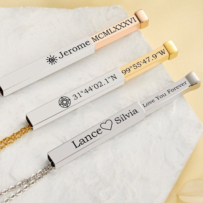 Custom  Nested Rectangle Engraved Necklace – Personalized Inside & Outside Text Dual Engraving Custom Couple Gift