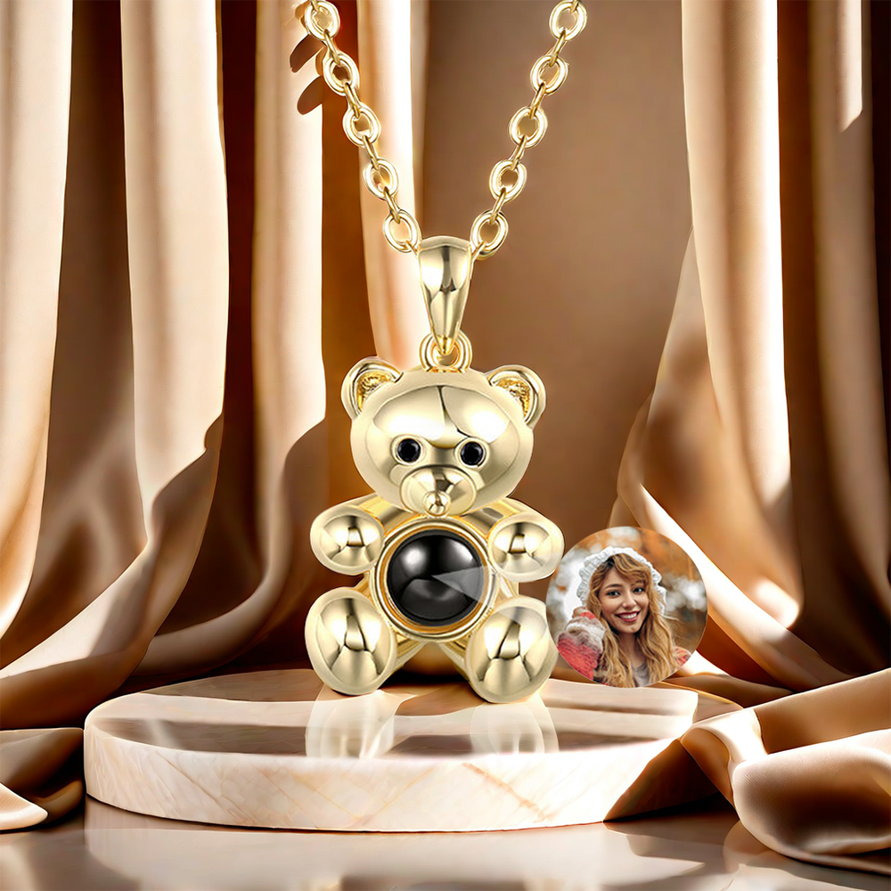 "Fall in Love" Teddy Bear Personalized Photo Projection Sterling Silver Necklace
