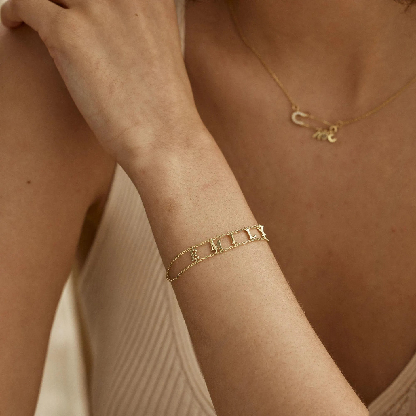 Custom Double Chain Name Bracelet Personalized Layered Chain Name Bracelet Dainty Customized Nameplate Bracelet