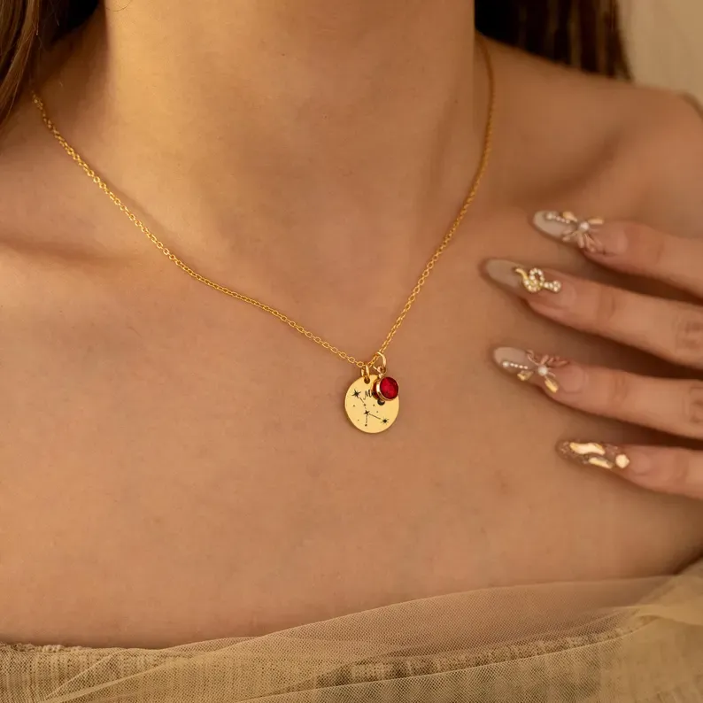 Personalized Zodiac Necklace with Birthstone, Dainty Constellation Jewelry, Custom Astrology Gift for Her, Minimalist Gold Finish Necklace