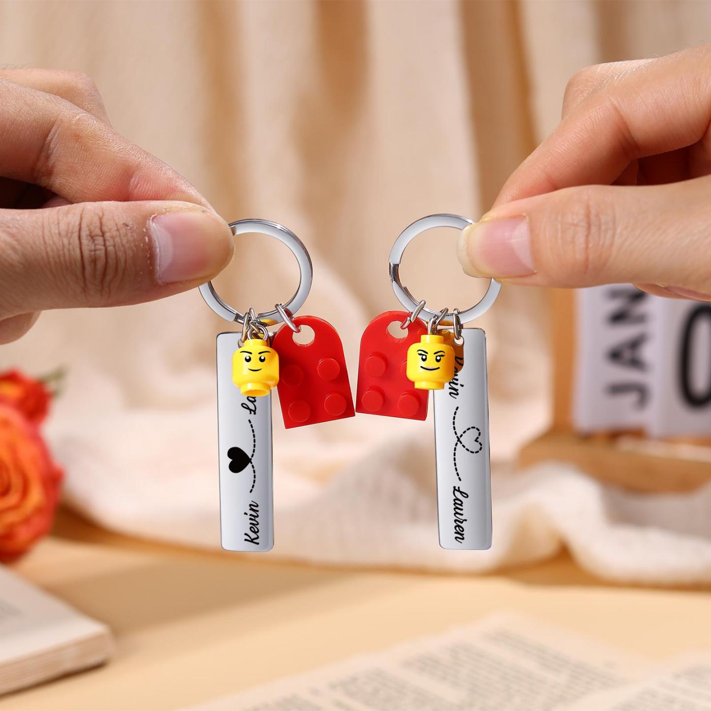Personalized Building Block Heart KeychainCustom Engraved Couple Keychain Set Stamped Heart Puzzle Keychain Valentine's Day Gifts