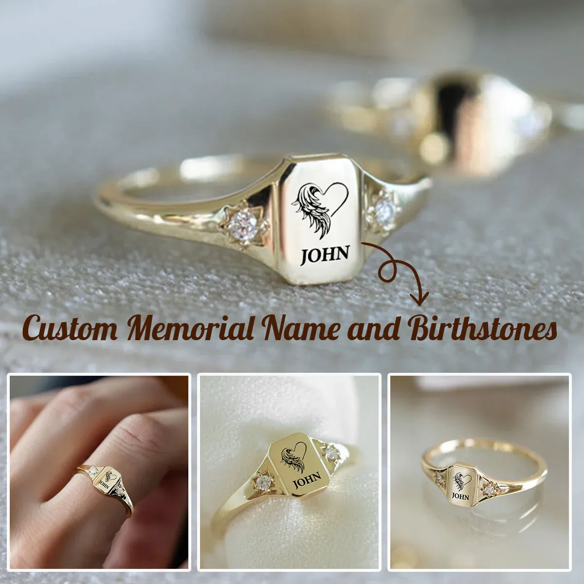 Custom Memorial Birthstone Ring with Angel Wings Personalized Winged Keepsake Ring with Birthstone  Memorial Jewelry