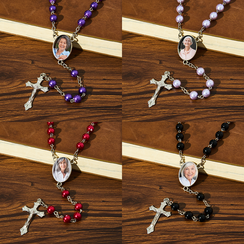 Memorial Gift Rosary Photo Necklace Personalised Rosary Beads with Photo Custom Rosary Beads Cross Multi-Color Necklace Sentimental Rosary Photo Necklace
