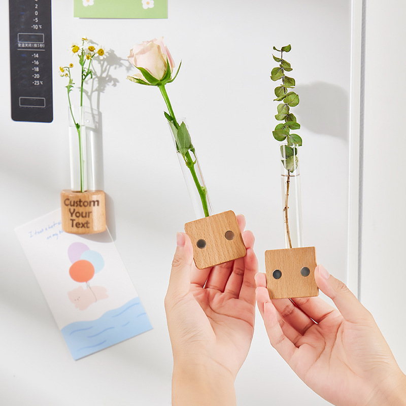 Customized Wood-Colored Refrigerator Magnets Personalized Magnetic Test Tube Vase Flower Holder Creative Decorative Wall-Mounted Hydroponic Vase