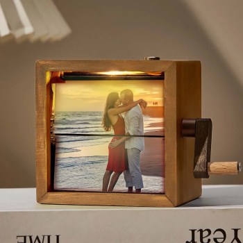Valentine‘s Gifts for Her Personalized Flip Book Frame Animation Machine Mechanical Hand-cranked Custom Photo Album with Light Black Walnut Baby Photo Cube Frame
