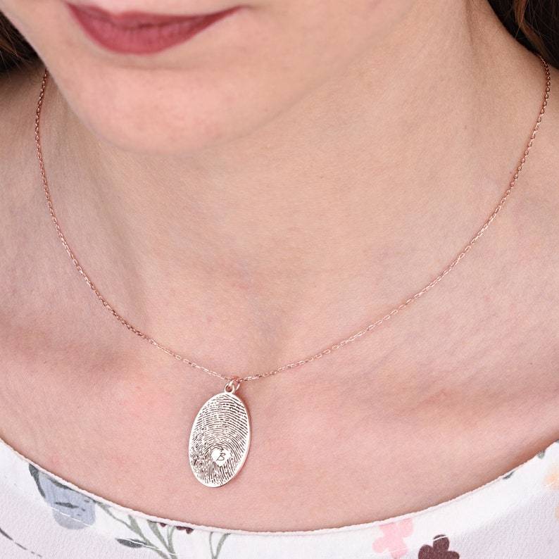Personalized Fingerprint Necklace Custom Engraved Initial & Fingerprint Oval Pendant Forever Love Keepsake Necklace Gifts for Her