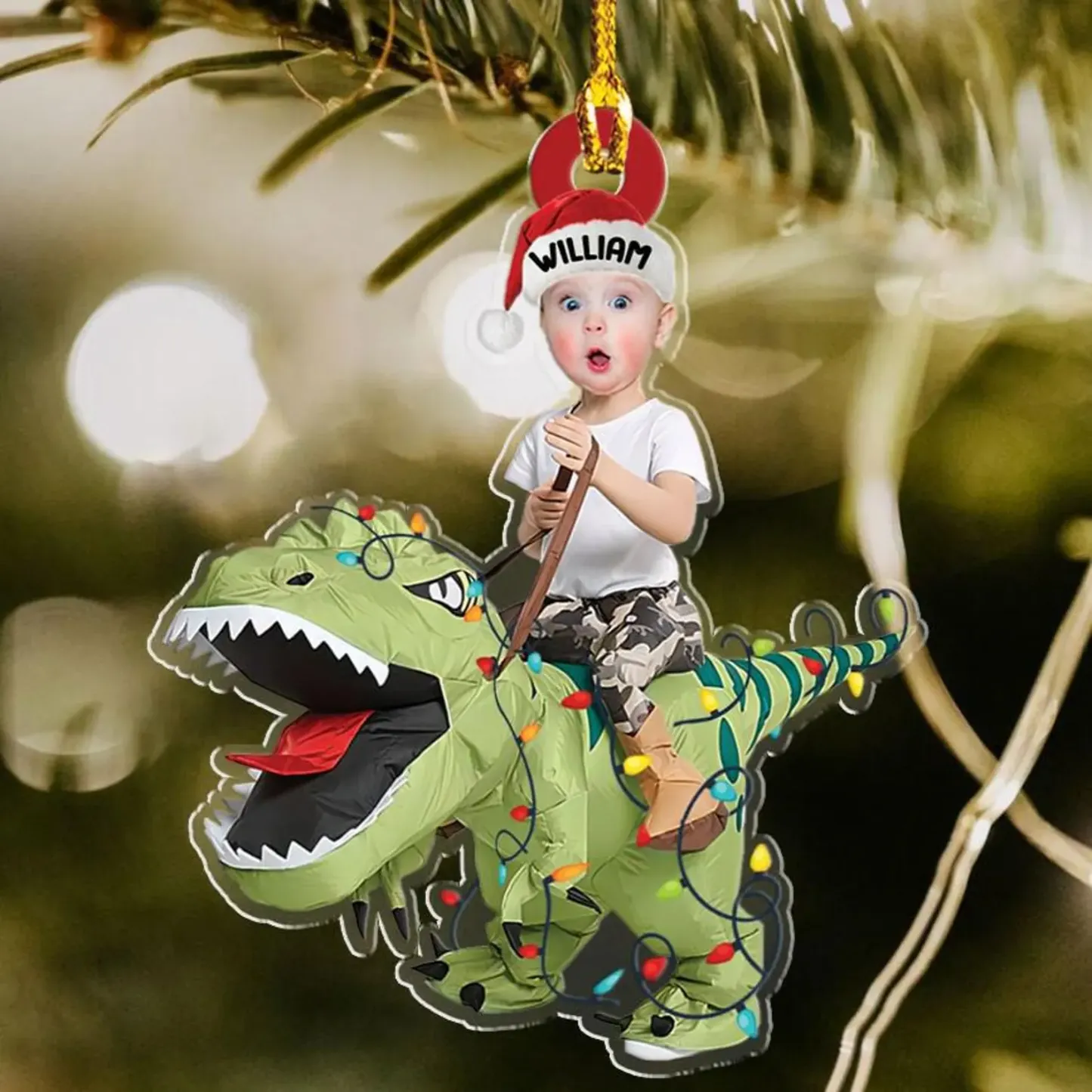 Custom Cute Kid Rides The Dinosaur Kid Photo Flat Ornaments, Christmas Gift Personalized Photo Ornament  Funny Ornament Holiday Decors