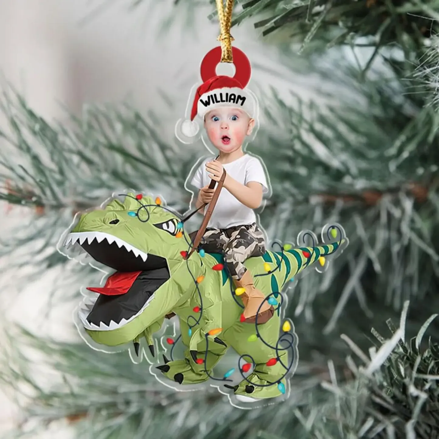 Custom Cute Kid Rides The Dinosaur Kid Photo Flat Ornaments, Christmas Gift Personalized Photo Ornament  Funny Ornament Holiday Decors