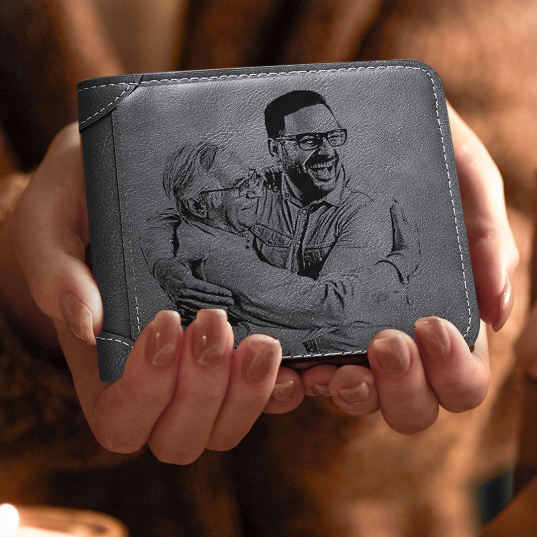 Men's Custom Engraved Bidford Photo Wallet Grey Leather Christmas Gift