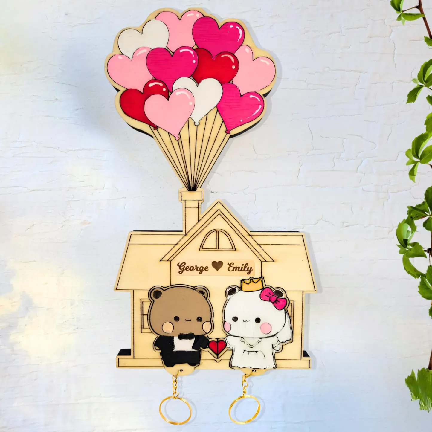 Personalized Wedding Bear Couple Keychain Holder Custom Name Wood Key Hanger for Couplest High-Quality Personalized Key Holder Set