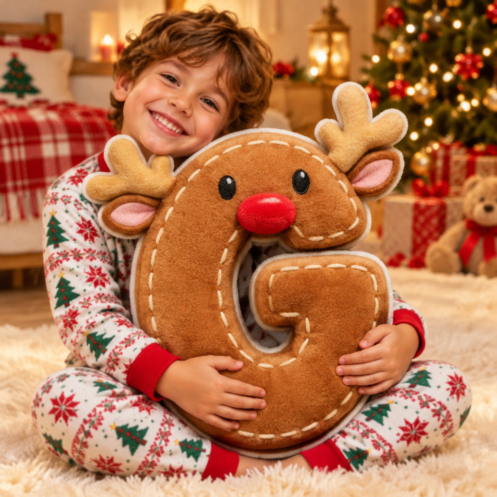Custom Christmas Alphabet Initial Pillow Alphabet Santa Reindeer Elf Plush Throw Pillow Home Decor Gift For Kids Family