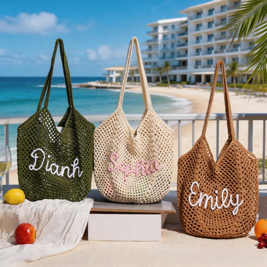 Personalized Crochet Beach Bag with Custom Name Monogrammed Straw Style Mesh Bag for Summer Vacation Hand Knit Name Tote Bag - namenecklace