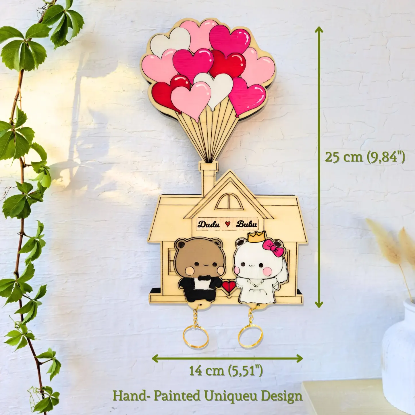 Personalized Wedding Bear Couple Keychain Holder Custom Name Wood Key Hanger for Couplest High-Quality Personalized Key Holder Set