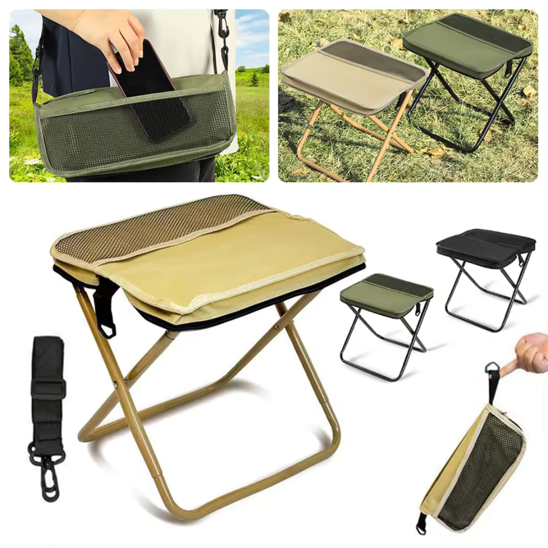 Portable Folding Camping Stool with Integrated Storage Bag & Pockets Lightweight Carbon Steel Outdoor Chair Compact Collapsible Seat 