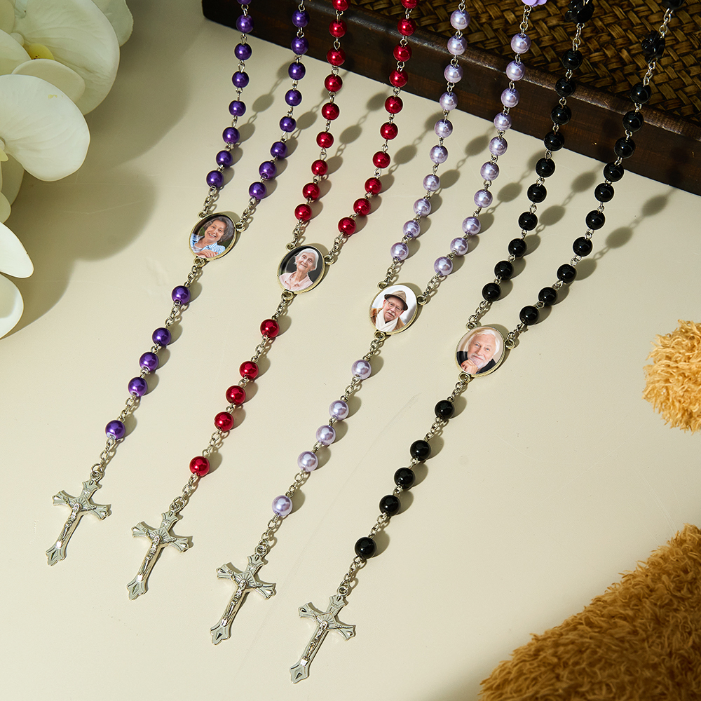 Memorial Gift Rosary Beads with Picture of Loved One Personalised Rosary Beads with Photo Custom Rosary Beads Cross Multi-Color Necklace Sentimental Rosary Photo Necklace