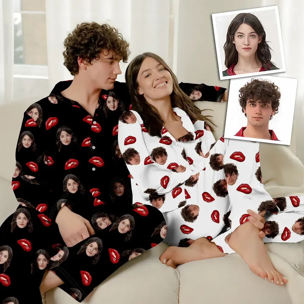 Custom Face Long Sleeve Pajamas Custom Red Lips Photo Pajamas