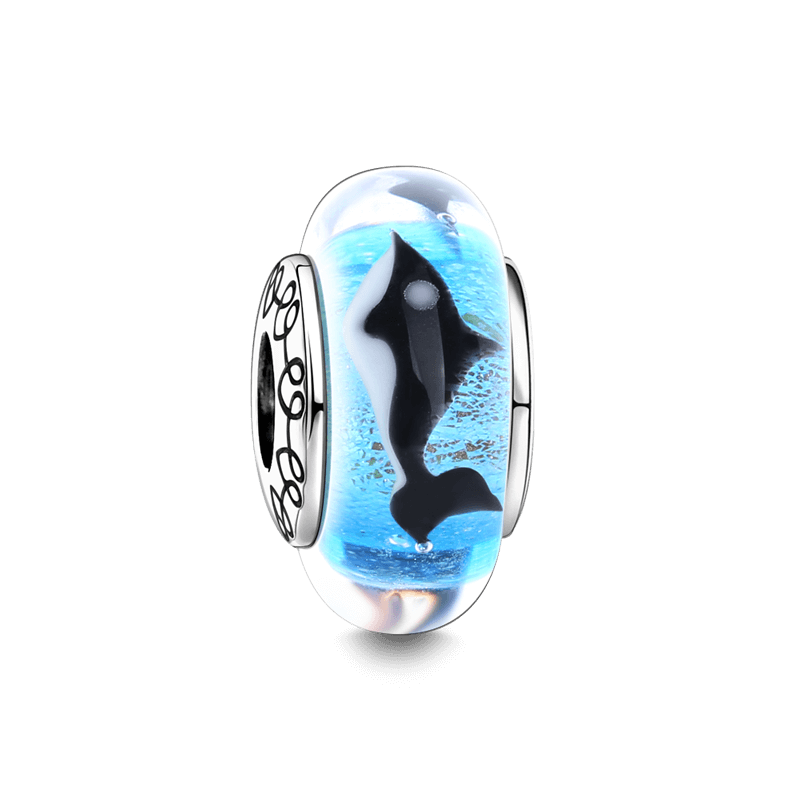 Dolphins Charm Murano Glass Bead Silver
