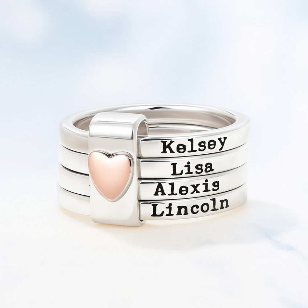 Personalized Sterling Silver Heart Name Stacking Ring Custom Engraved 2-7 Names Jewelry, Perfect Christmas, Valentine��s & Birthday Gift for Mom Grandma