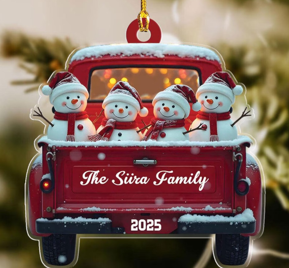 Personalized Snowman Family Christmas Ornament, Red Truck Christmas Ornament Snowman Ornament & Custom Name Ornament