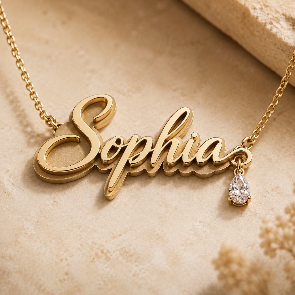 Custom Name Necklace 925 Sterling Silver 3D Script Nameplate Pendant Teardrop Crystal Charm Personalized Cursive Jewelry Birthday Gift for Women - namenecklace