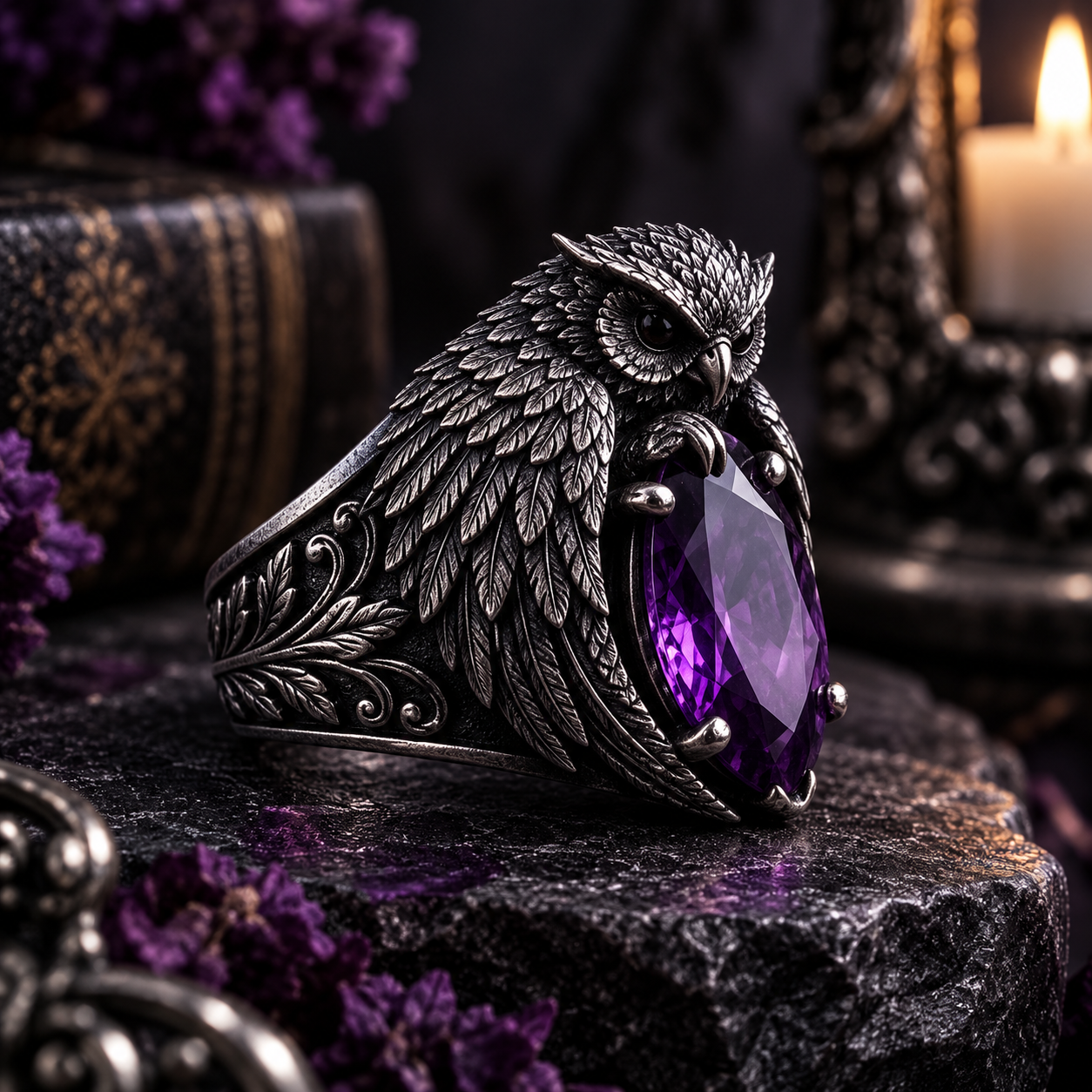 Raven Embrace Ring – Sculptural 925 Sterling Silver with Purple Oval Stone, Wings & Scrollwork
