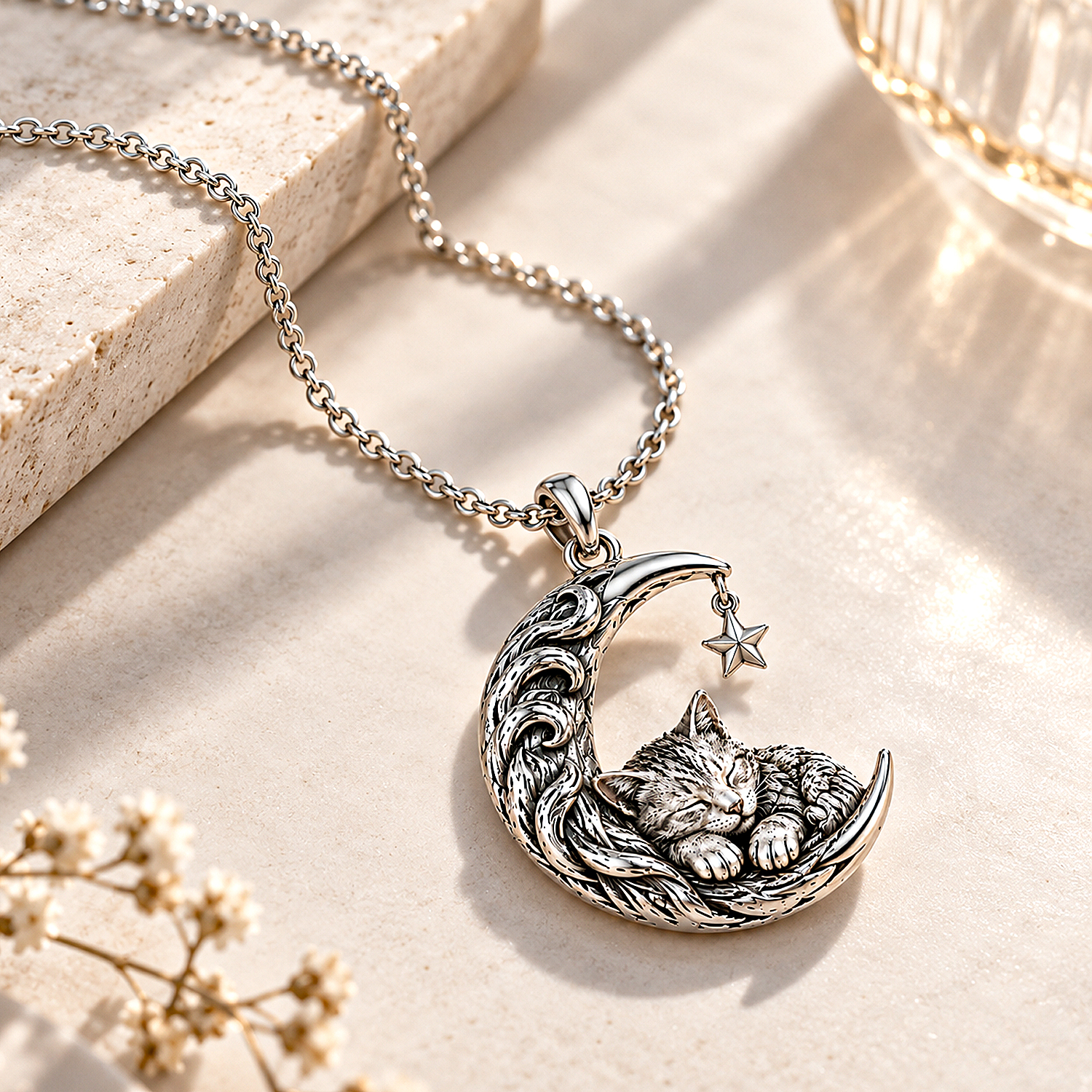 Personalized 925 Sterling Silver Custom 3D Sleeping Pet Photo Crescent Moon Necklace Sculpted Cat Dog Pendant Jewelry Gift For Pet Lovers