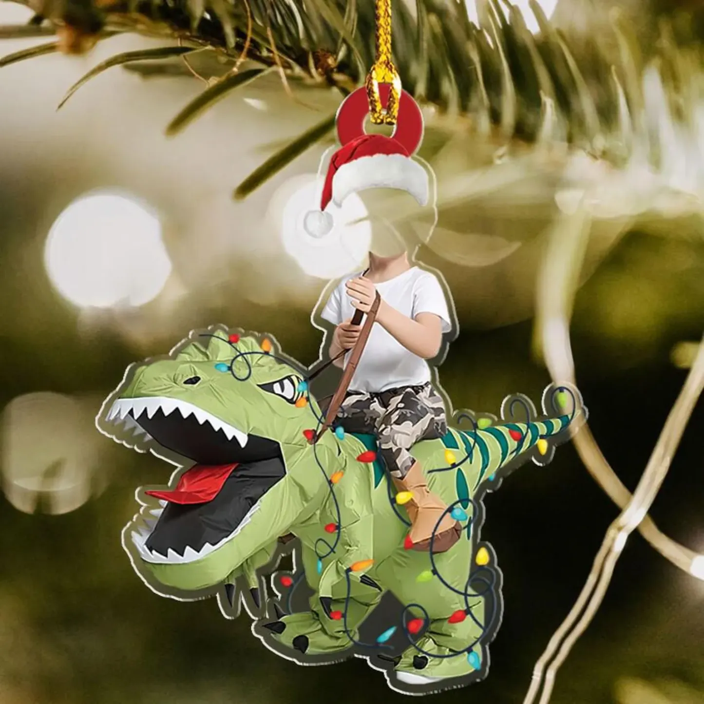 Custom Cute Kid Rides The Dinosaur Kid Photo Flat Ornaments, Christmas Gift Personalized Photo Ornament  Funny Ornament Holiday Decors